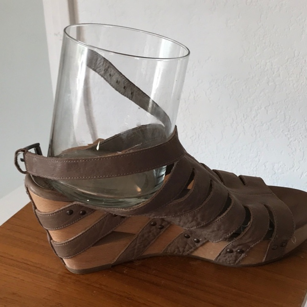 Eileen Fisher Lotus Wedges Wood/Leather Tan Leather EUC backyard BBQ Approved - Picture 9 of 9